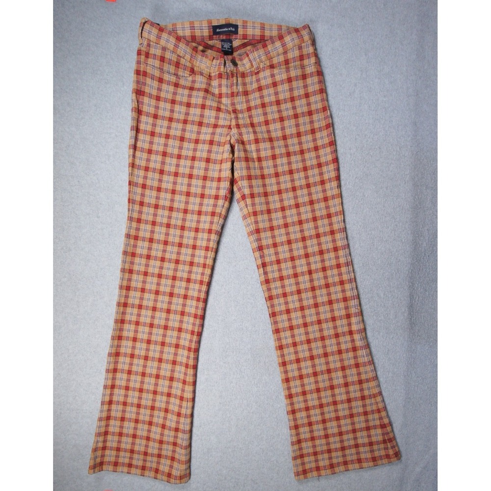 Vintage Abercrombie & Fitch Pants Womens 6 Red Beige Plaid Low-Rise Flare Y2K